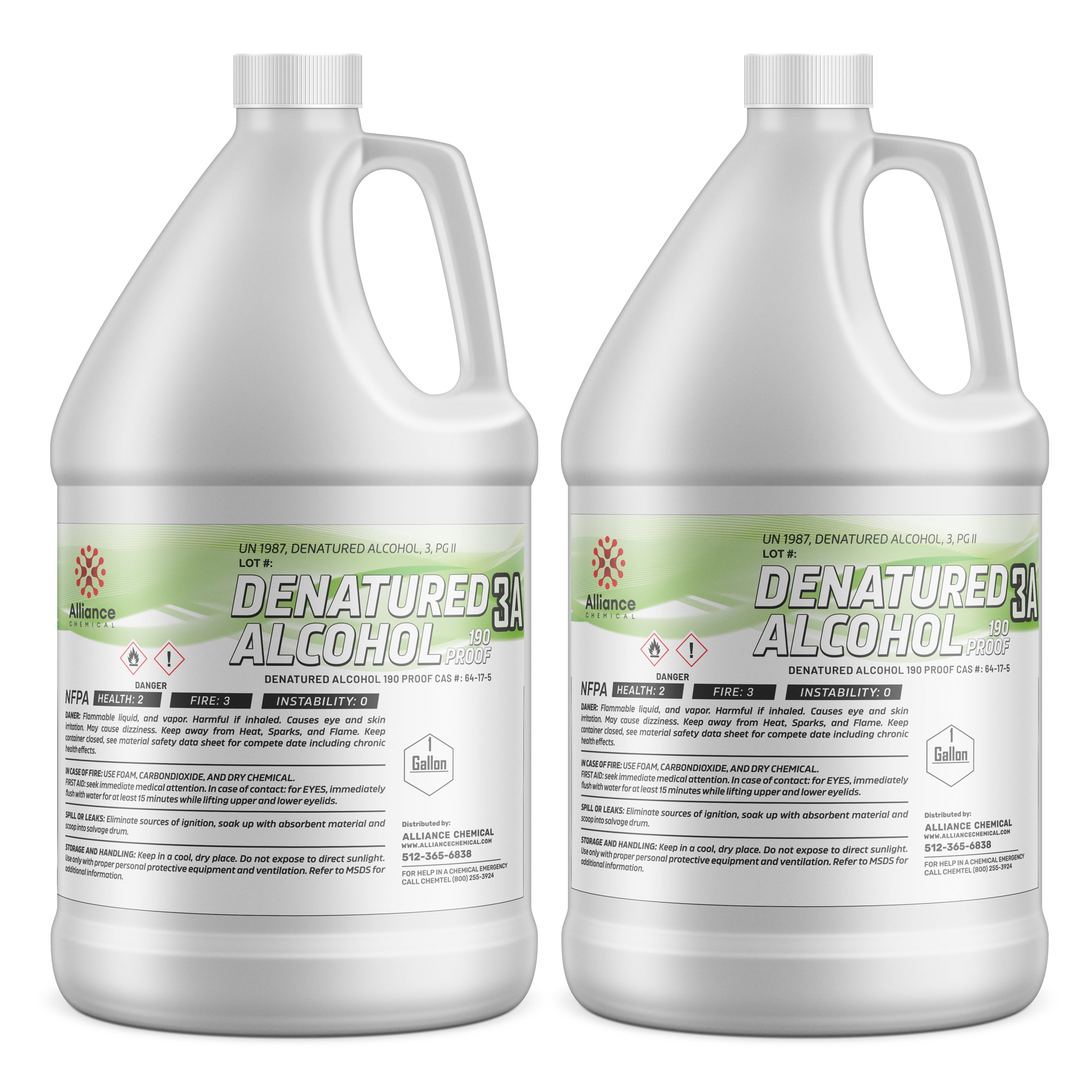 1-gallon white HDPE jugs of Alliance Chemical 190-proof denatured alcohol 3A with NFPA diamond, UN1987 marking, and safety warnings.